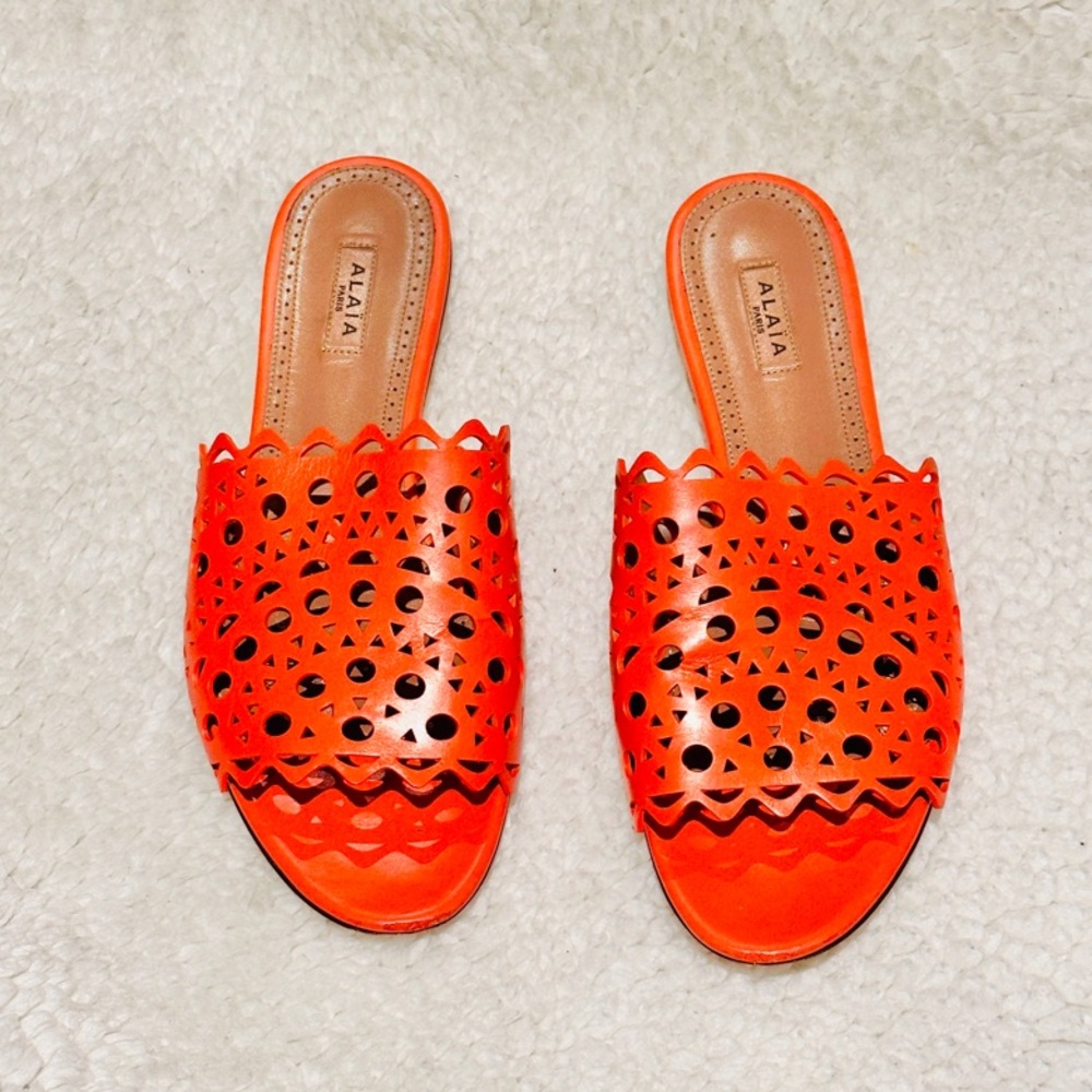 Alaïa leather laser cut Orange Slide Sandals